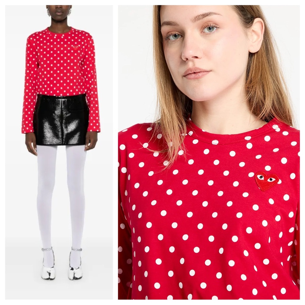 Comme des Garçons PLAY Red Polka Dot T-Shirt White Dots Heart Logo Women’s XS